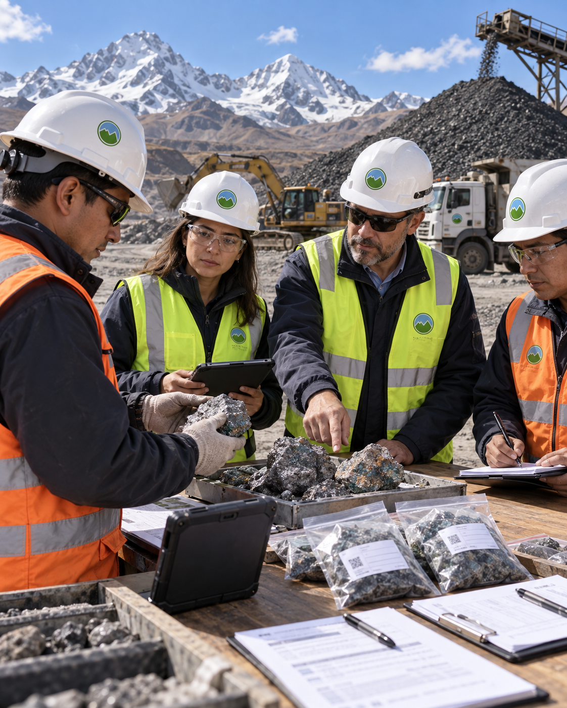 Equipo multidisciplinario revisando muestras y documentación de un lote mineral