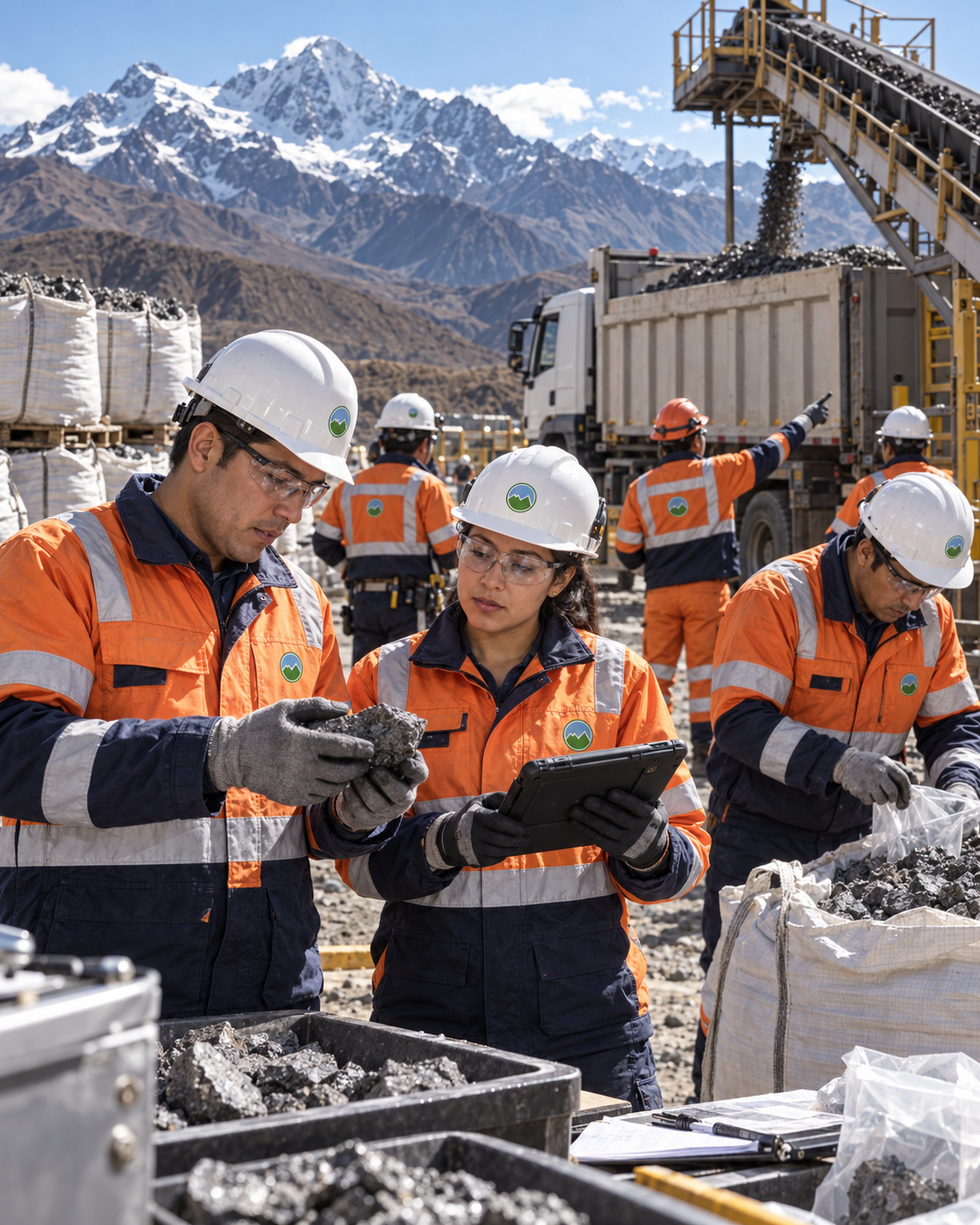 Equipo técnico revisando una muestra de mineral y registrando información del lote