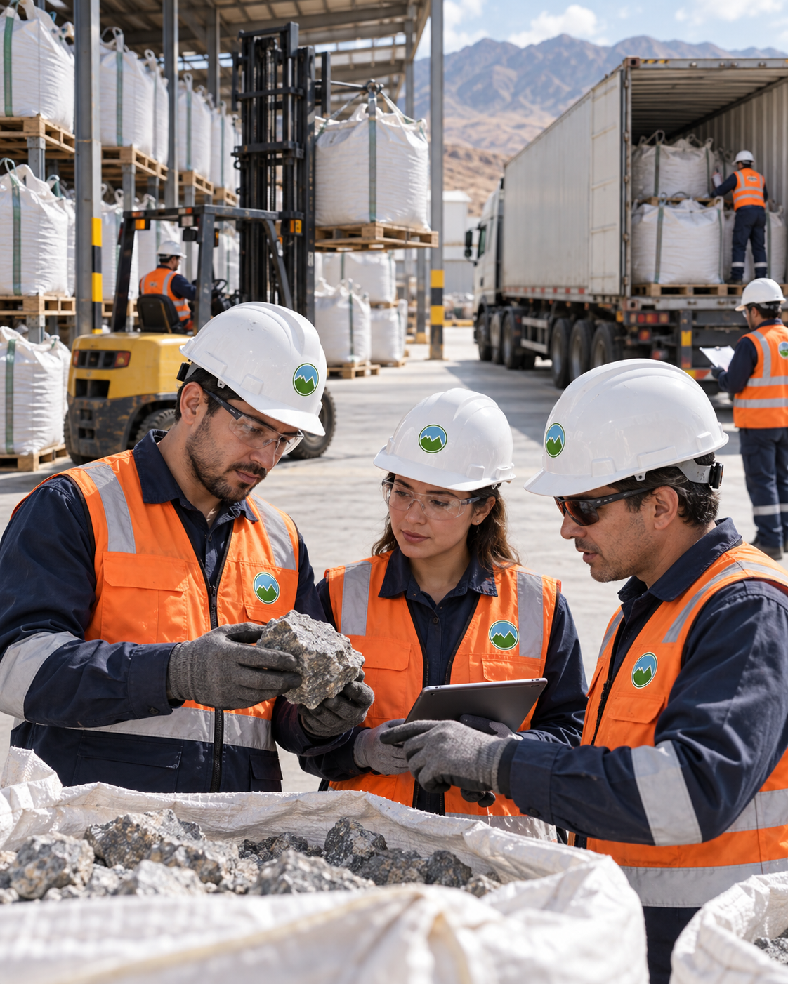 Equipo técnico revisando calidad de mineral antes de su comercialización