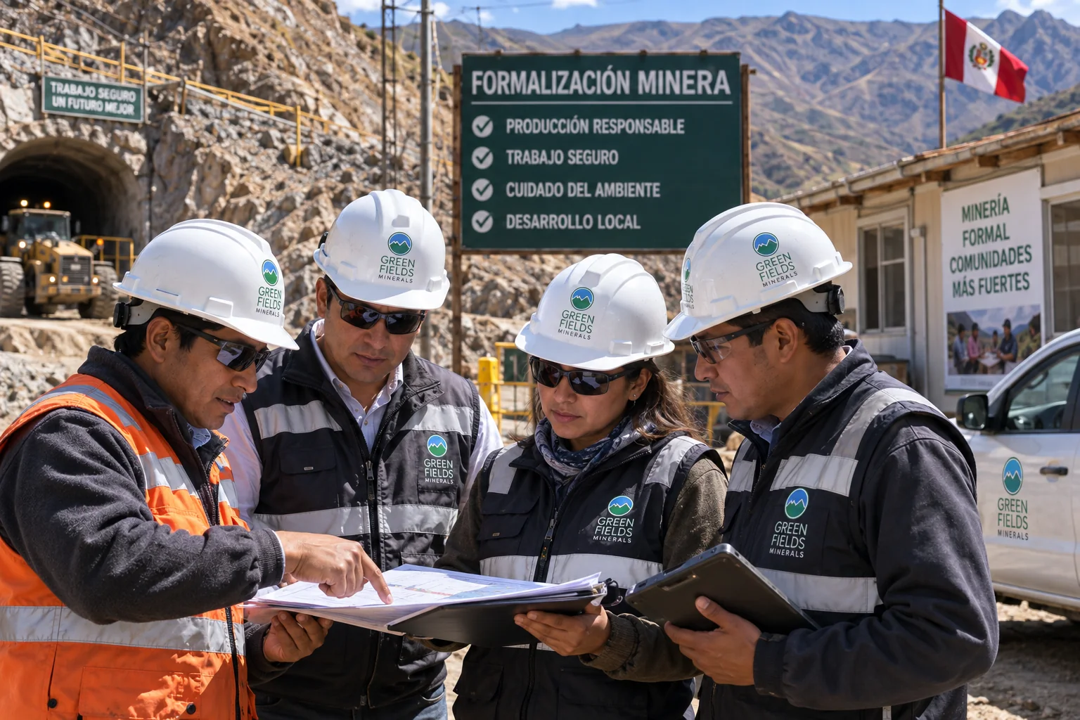 Equipo de Greenfields Minerals revisando documentación de formalización minera con trabajadores de una operación