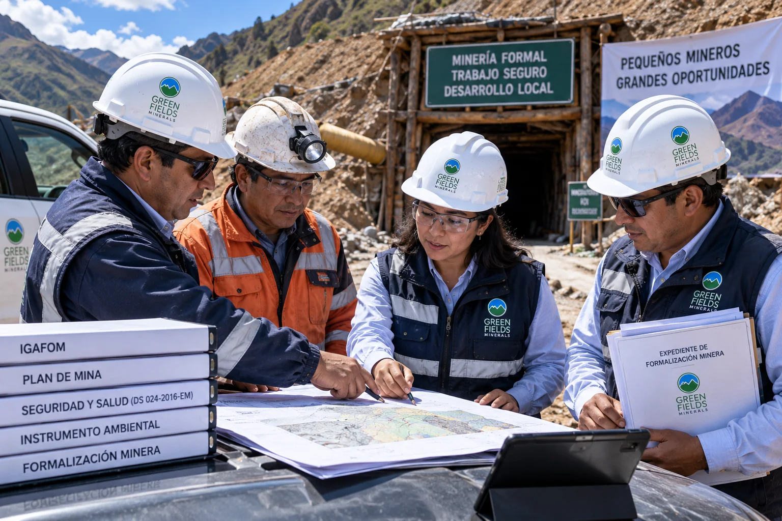 Equipo de Greenfields Minerals revisando planos y expediente de formalización minera