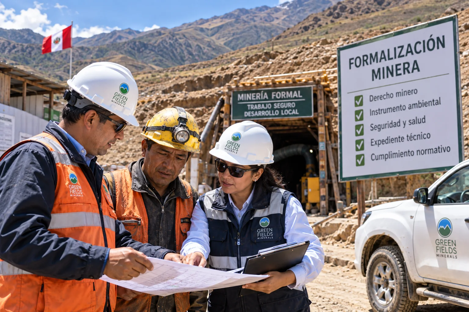Revisión de expediente de formalización minera con equipo técnico y trabajadores