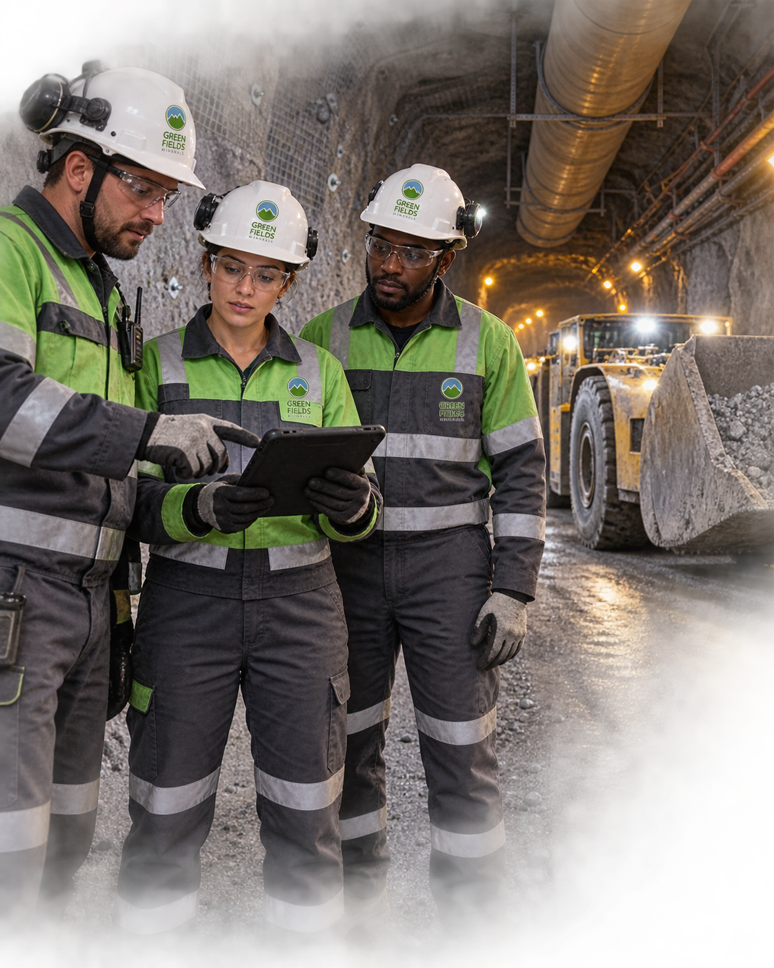 Equipo minero revisando indicadores y datos operativos en tablet