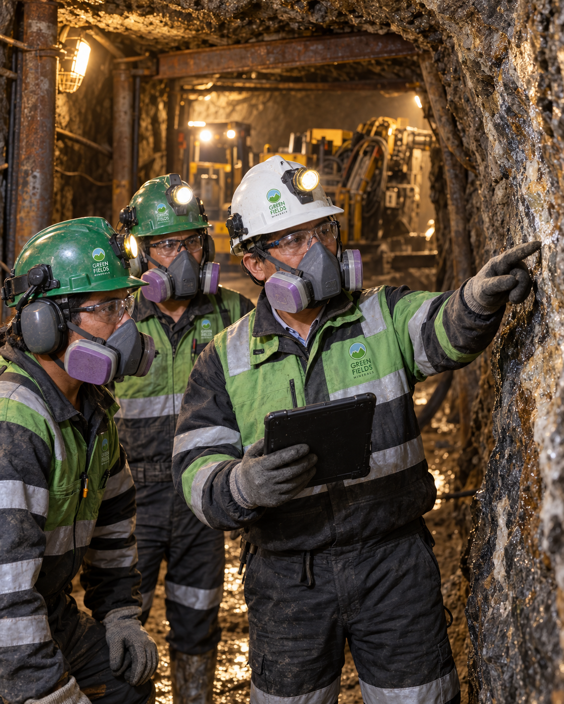 Equipo técnico de Greenfields Minerals revisando información dentro de una labor subterránea
