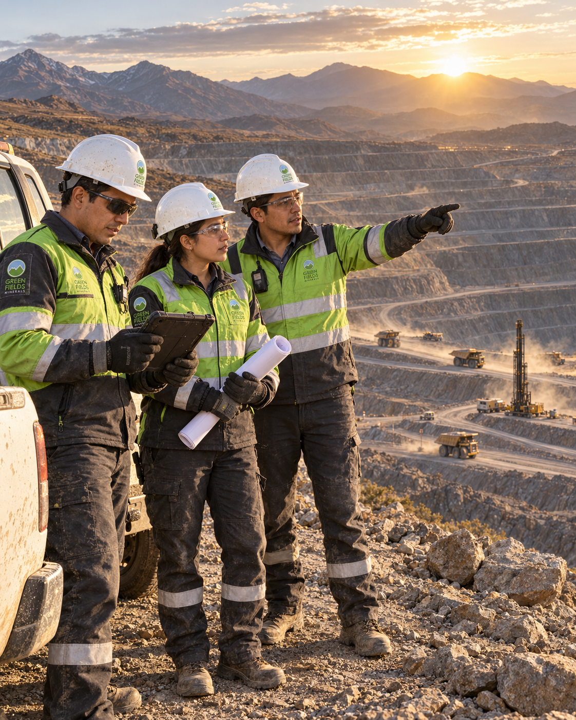 Equipo de Greenfields Minerals supervisando una operación minera a tajo abierto