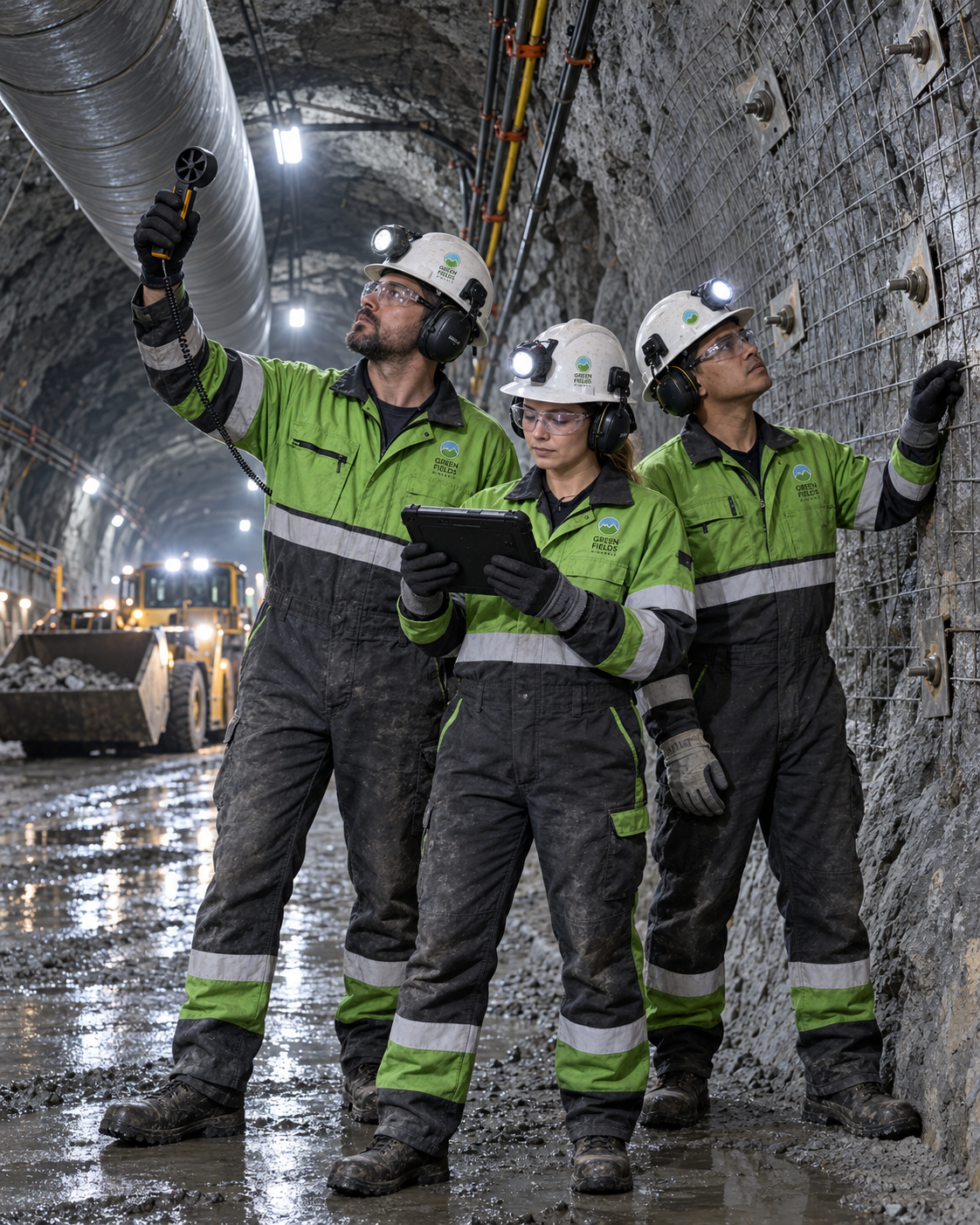 Equipo técnico de Greenfields Minerals verificando condiciones en una labor subterránea